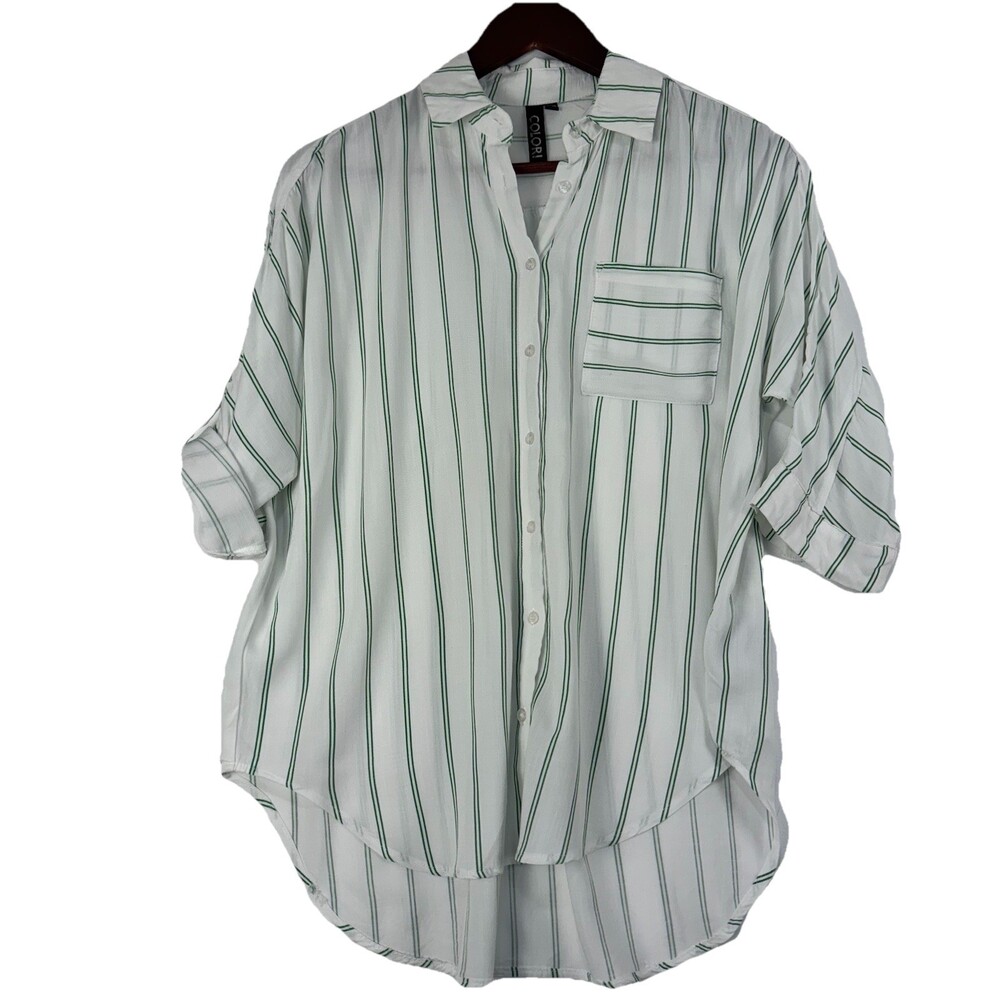 Colori LEORA Oversized Striped White And Green Button-Down‎ Shirt XS (Fits S–M)